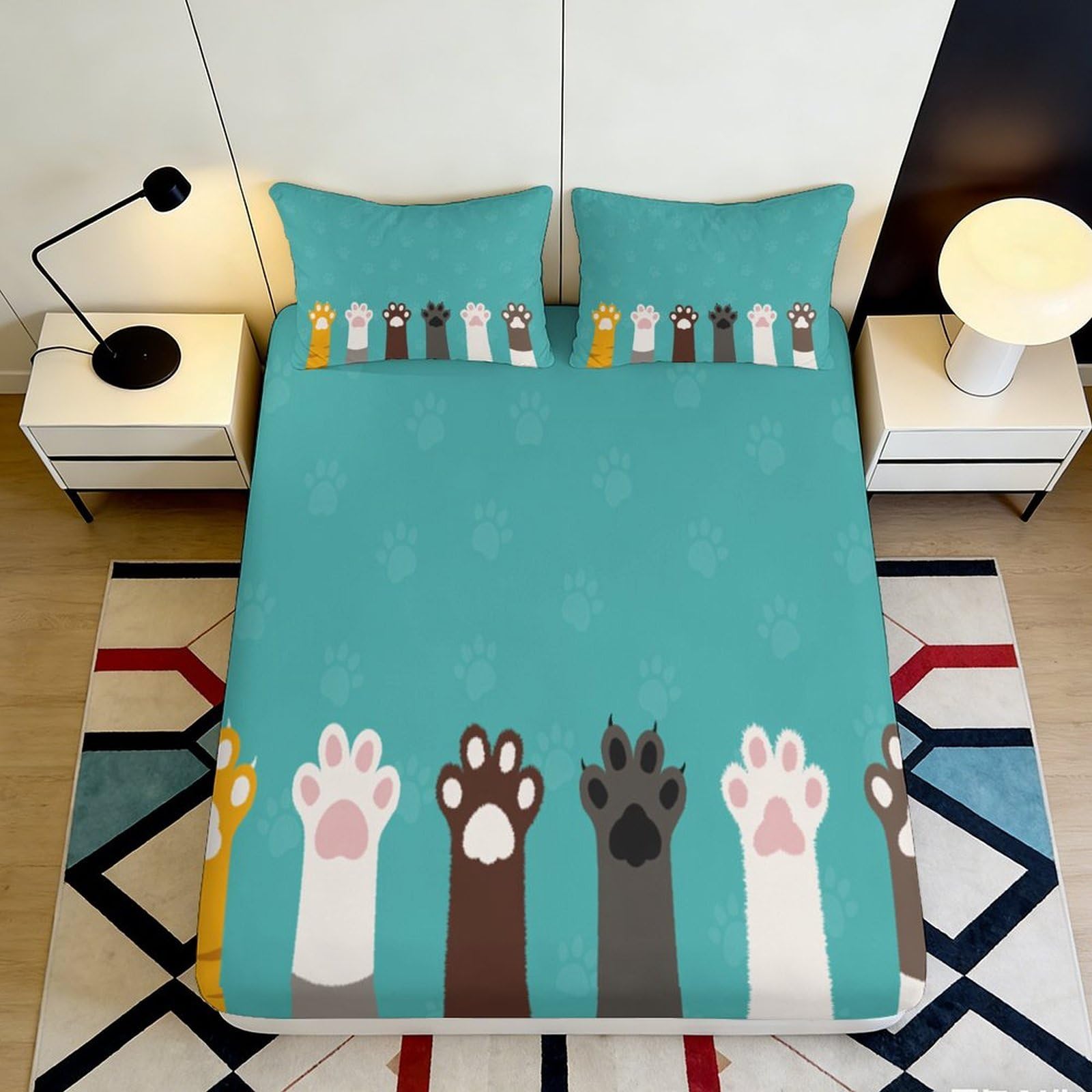 Zfldkwgb Style-1 3D Printed Cat Paw Fitted Sheet Microfiber Soft Breathable Cartoon Animal Bed Cover For Bedroom Guest Room Decor 90X200x25cm