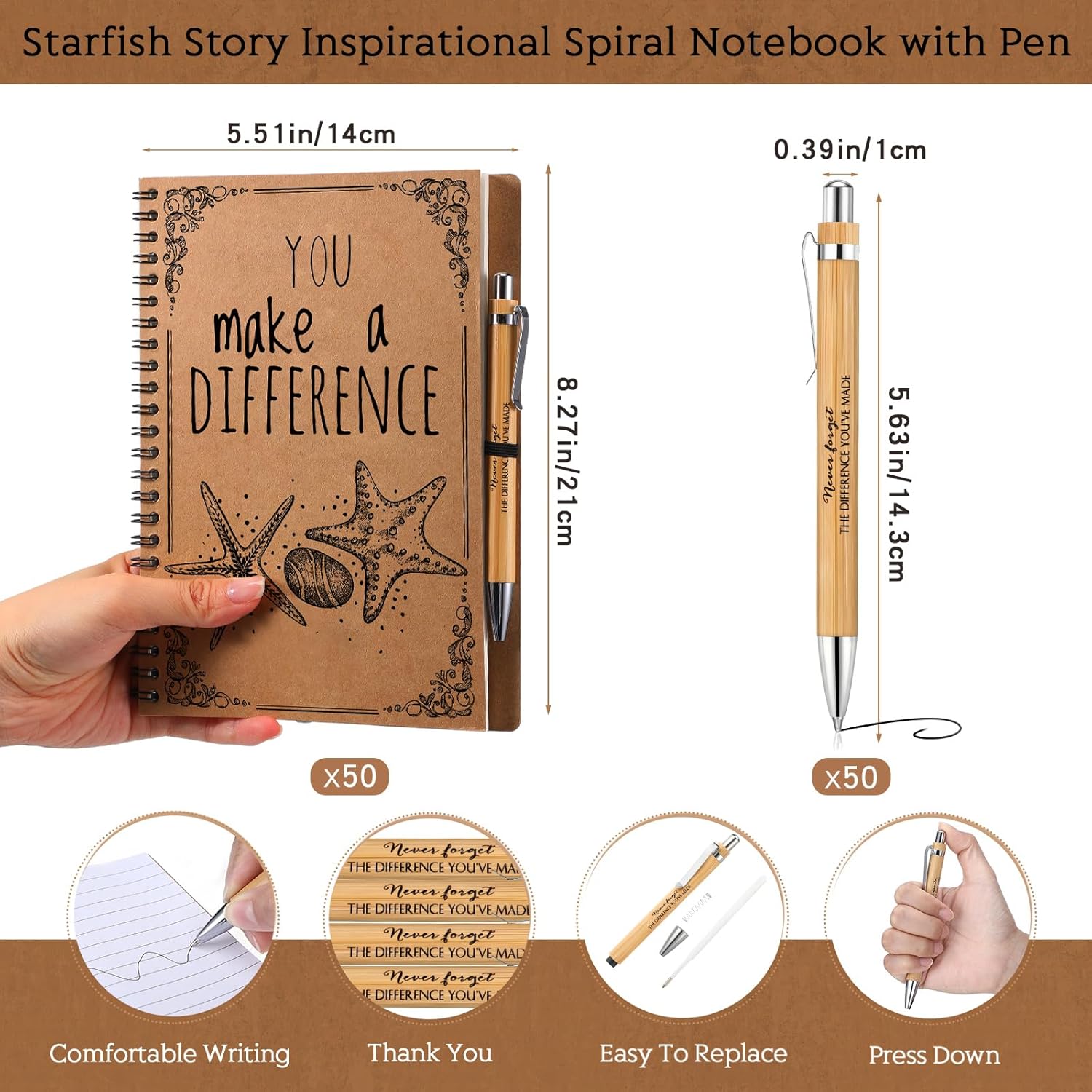 Colarr 50 Sets Employee Appreciation Gifts Bulk Starfish Story Notebook and Pen Set Inspirational A5 Spiral Journal with Bamboo Pens for Coworker Staff Office Gifts