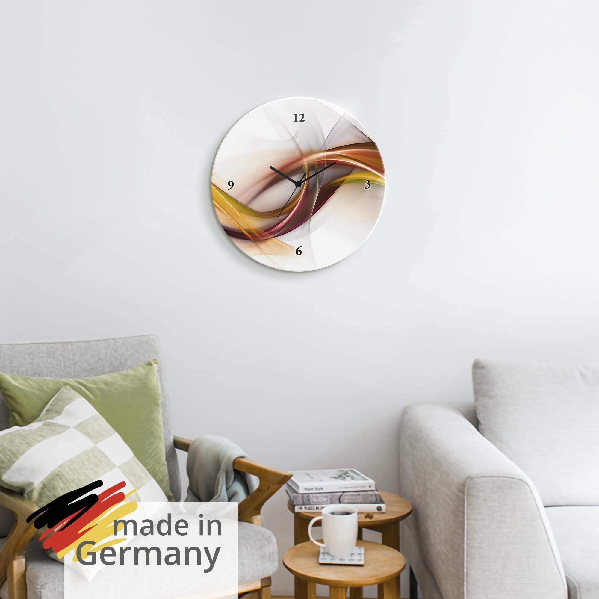 ARTLAND Wanddeko Wanduhr ohne Tickgeräusche Glas Funkuhr Ø 30 cm Rund Lautlos Abstrakt Modern Design Ausgefallen Deko Orange U1UO
