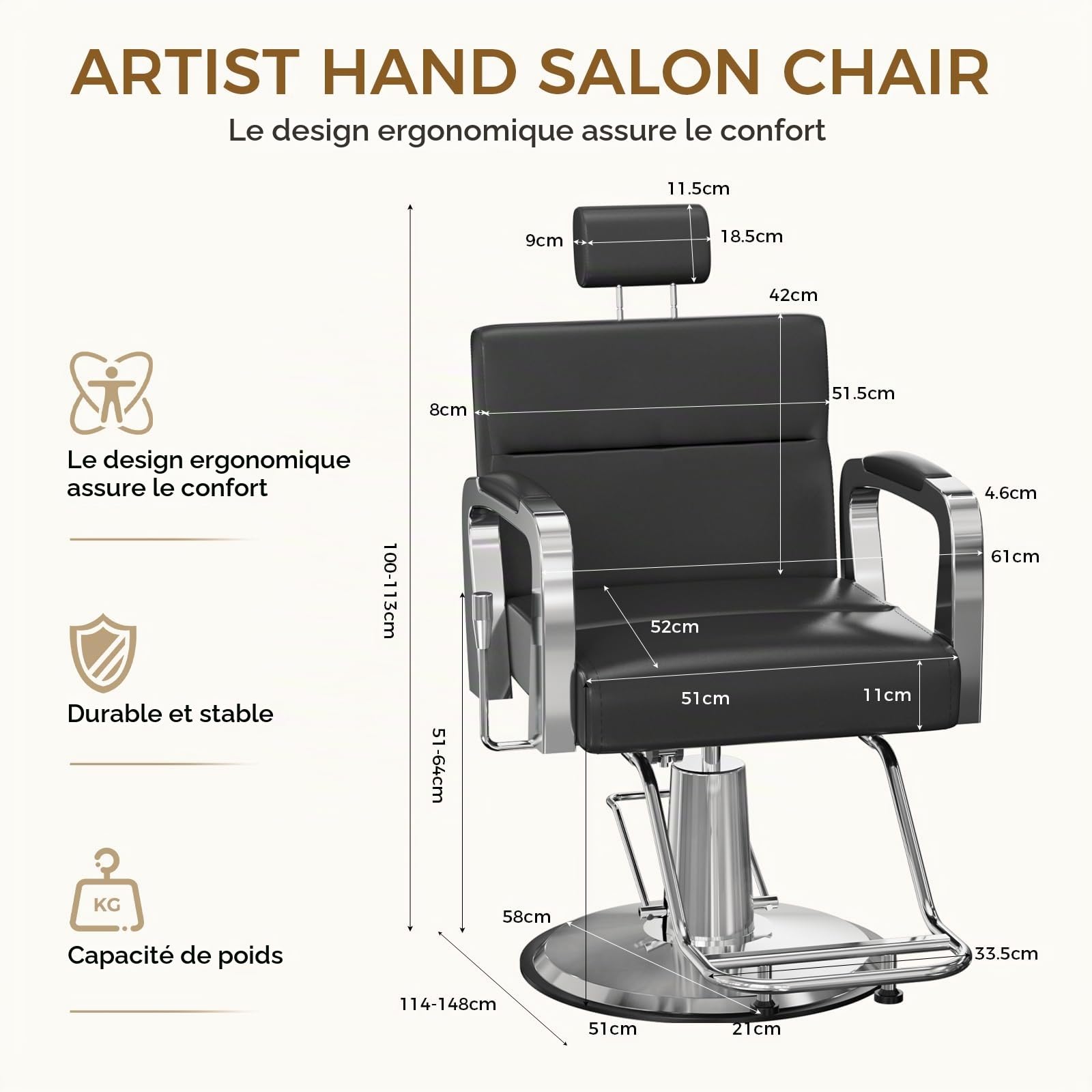 Fauteuil de Coiffure, Chaise à Coiffeur Hydraulique Inclinable, Hauteur Réglables Barber 360° pour Salon de Coiffeur, Salon de Beauté (Noir)