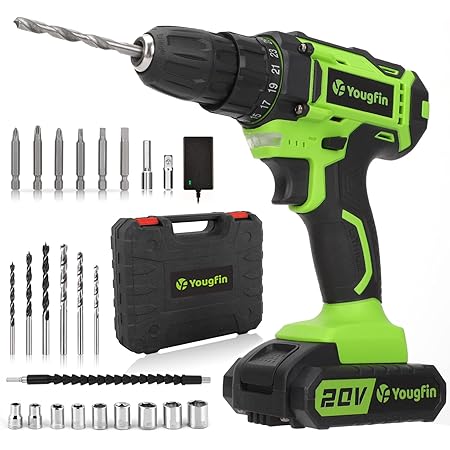 Yougfin Cordless Power Drill Set,20V Electric Drill with Fast Charger,3/8-Inch Keyless Chuck,2 Variable Speed,25+1 Torque Setting Power Tools Kit and 34pcs Drill/Driver Bits