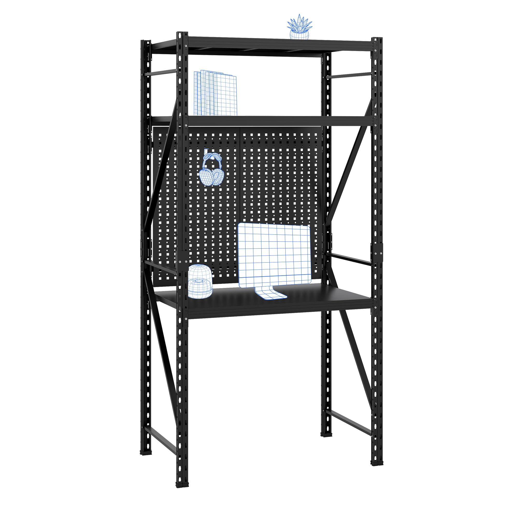 FlexiSpot Werkbank & Schreibtisch mit Regal und Lochwand – Stabiler Werkzeugtisch, bis 200 kg belastbar, vielseitig nutzbar in Werkstatt, Büro, Lager oder Zuhause (Schwarz)