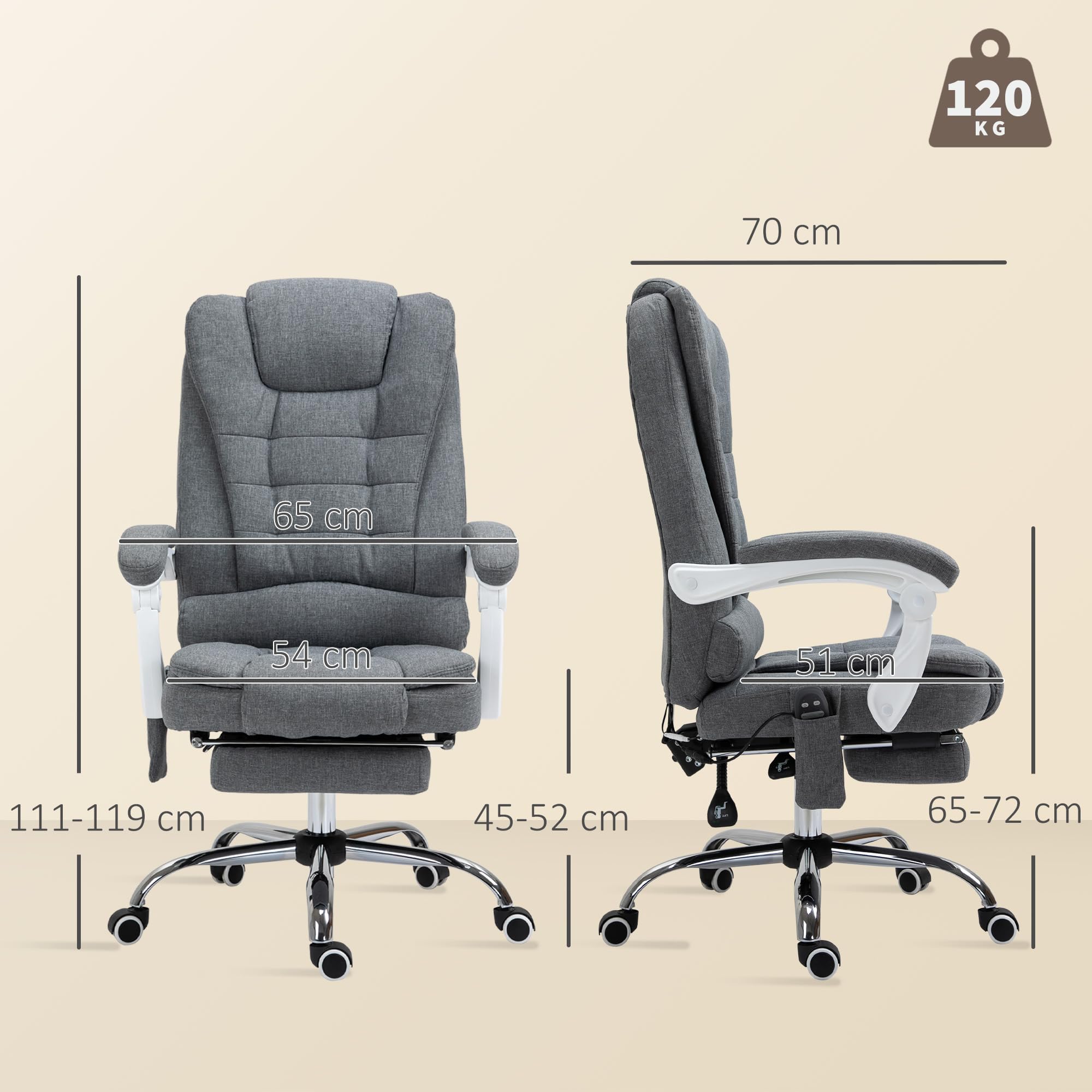 Vinsetto Fauteuil de Bureau Massant et Chauffant Toile de Lin Gris