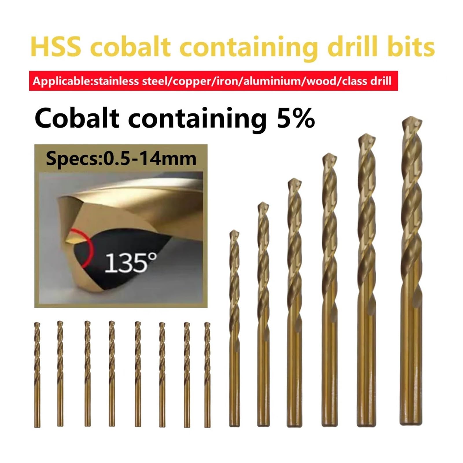 1.0-13mm Cobalt Coated Twist Drill Bit Set HSS M35 Drill Bit For Wood/Metal Hole Cutter Power Tools(9.0mm,10PCS)