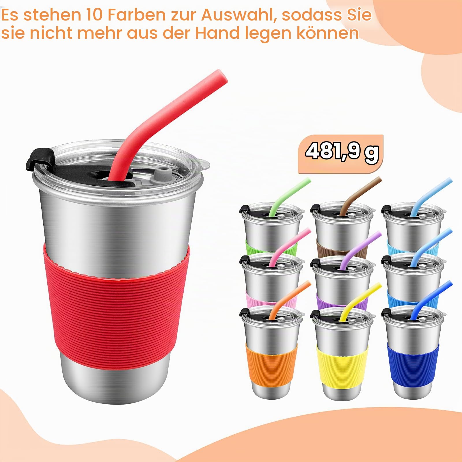 10 Stück Edelstahl Trinkbecher mit Deckel und Silikonstrohhalmen, 500 ml Kinder Edelstahl Trinkbecher, Trinkbecher mit Deckel für Schulanfang, Alltag, Büro und Zuhause
