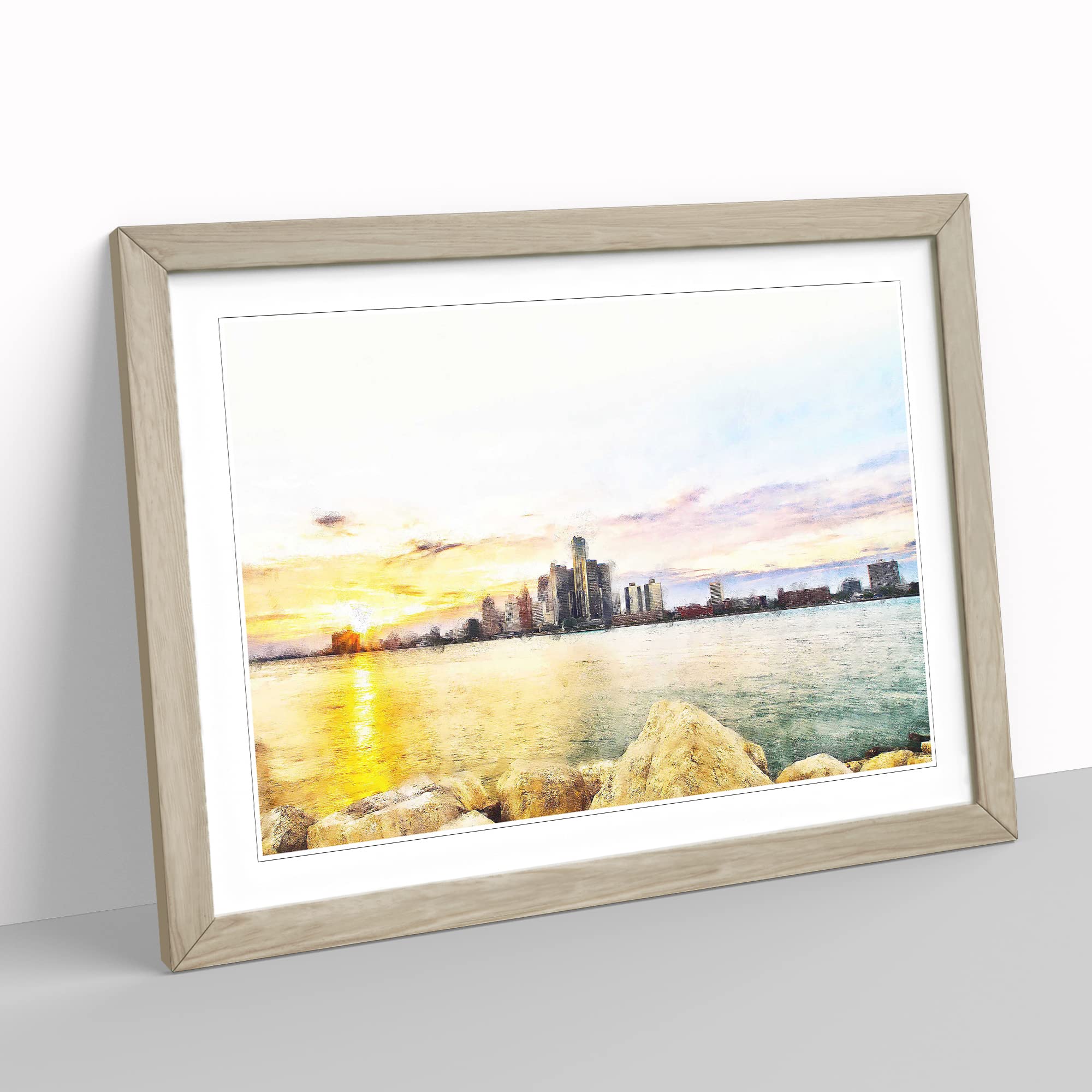 Sunrise Over The Detroit Skyline Painting Modern Art Framed Print, Oak, A3 (46 x 34 cm) - Image 2