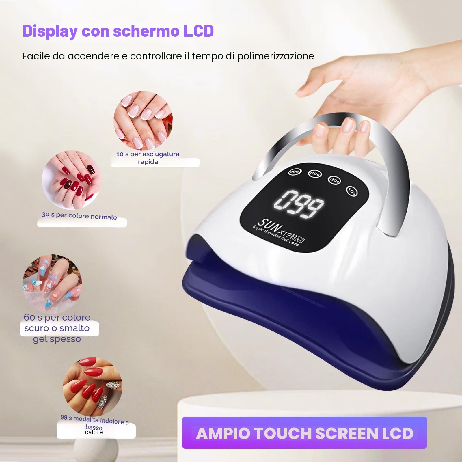 Lampada per unghie a LED UV da 320 W, gel per unghie con 72 perle di lampada, touch screen, 4 timer e sensore automatico, ideale per salone di bellezza, asciugacapelli per unghie