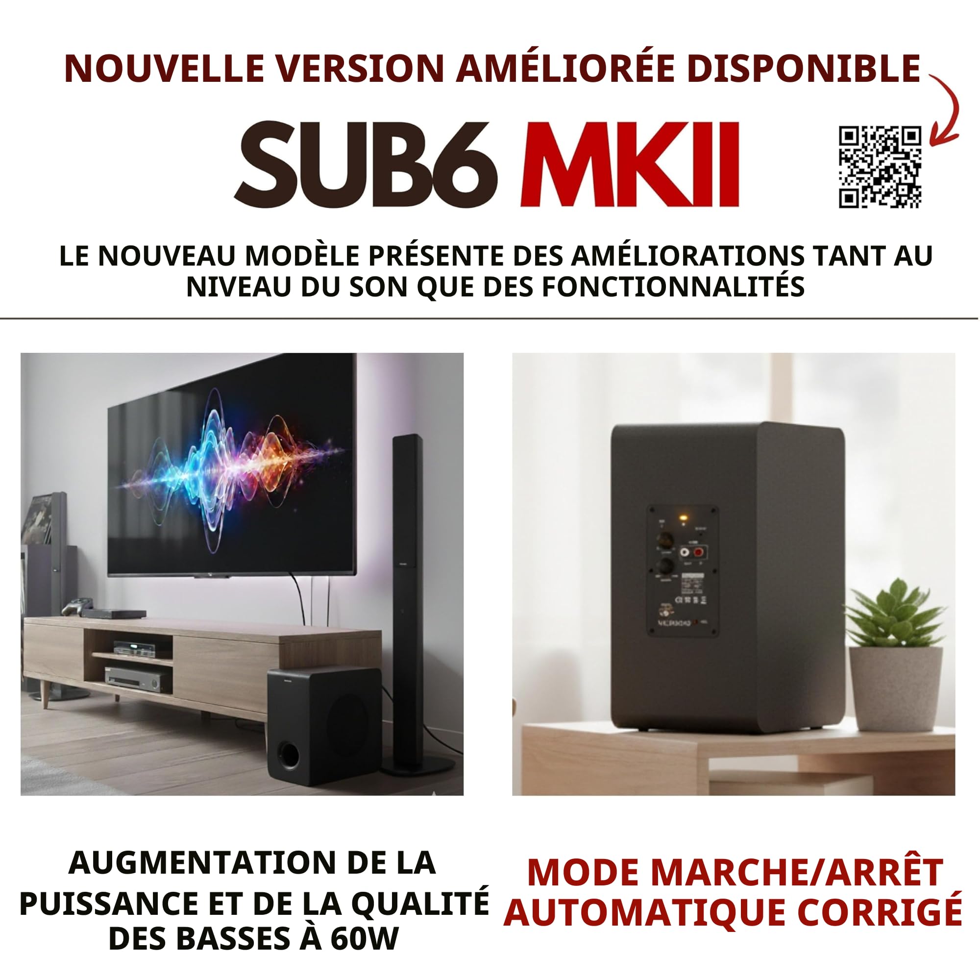 VULKKANO SUB6 Caisson de Basse de 6.5 Pouces, Fréquence 60Hz-250Hz, Subwoofer Actif Élégant