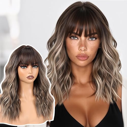 topshe Brown Wig with Bangs for Women,Ash Brown Platinum Highlights Wavy Curly Copper Hair Shoulder Length, Heat Friendly Synthetic for Party & Daily Wear 18 Inch