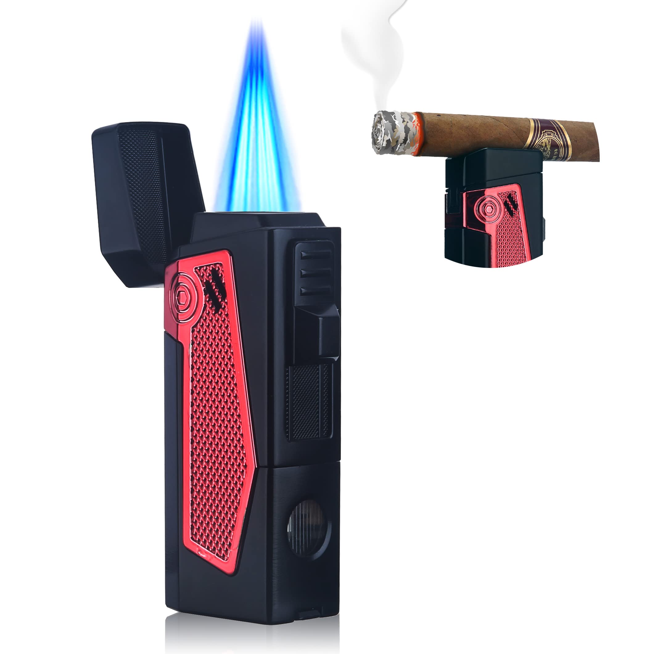 PROMISE Cigar Lighter 4 Jet Flame Butane Refillable Gas Lighter Gift Idea For Men (Red)