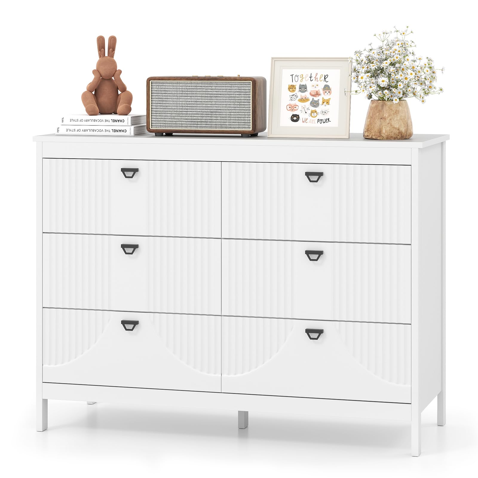 GIANTEX Cassettiera in legno con 6 cassetti, mobile portaoggetti con kit antiribaltamento, 106 x 40 x 79 cm, aspetto elegante, cassettiera per camera da letto, soggiorno, ingresso, bianco