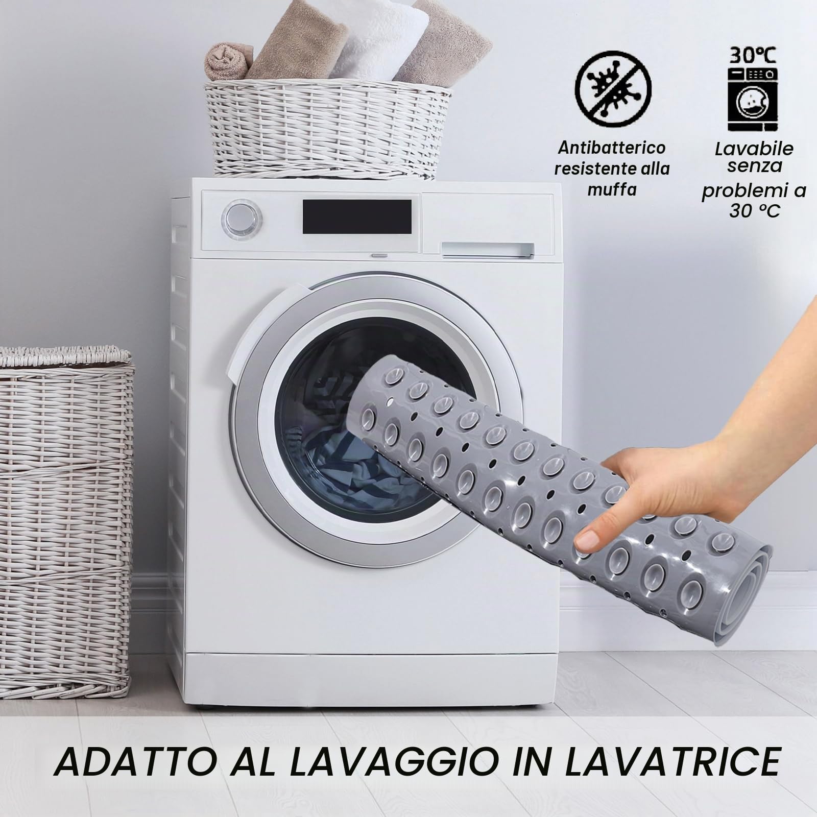 Tappetino Doccia, 60 x 90 cm Tappeto Doccia Quadrato Lavabile in Lavatrice con Ventosa, Tappeto Doccia in PVC Antiscivolo, Tappeto Massaggiante Antiscivolo per Doccia, incl. 2 Ganci, Grigio
