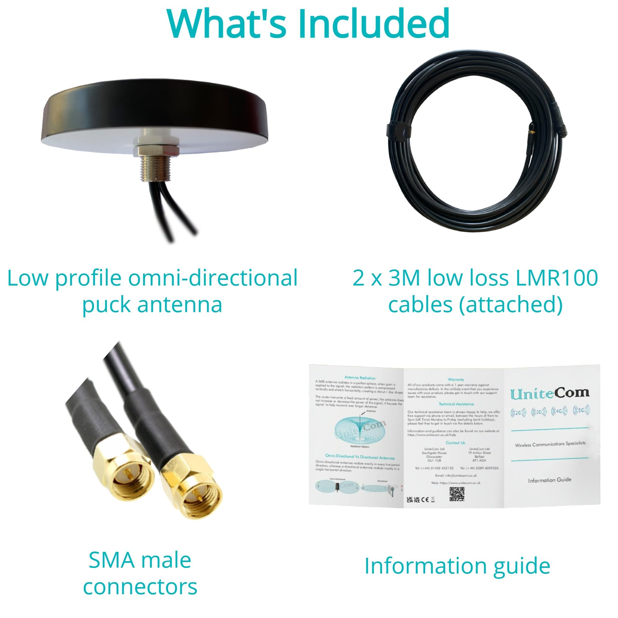 Antenna cellulare Puck MiMo 4G/5G LTE per uso interno/esterno. Internet mobile a banda larga connettore SMA esterno/interno cavo da 3 metri. Antenna di accesso wireless fissa