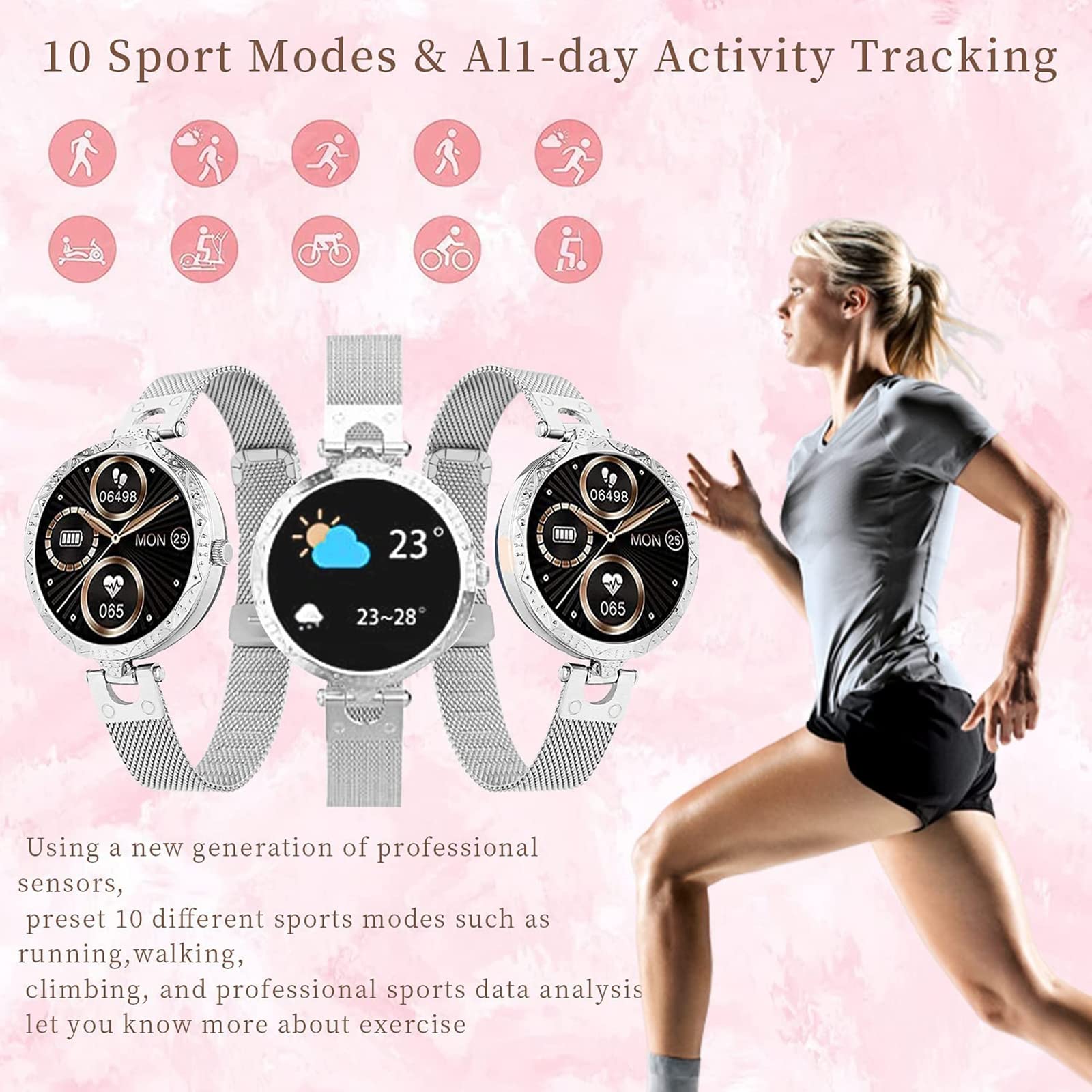 Damski smartwatch z ekranem dotykowym 2.8 cm. Wodoodporny monitor aktywności IP68 z pulsometrem, zegarek fitness, krokomierz, stoper, inteligentny zegarek do iOS/Andoid, złoty