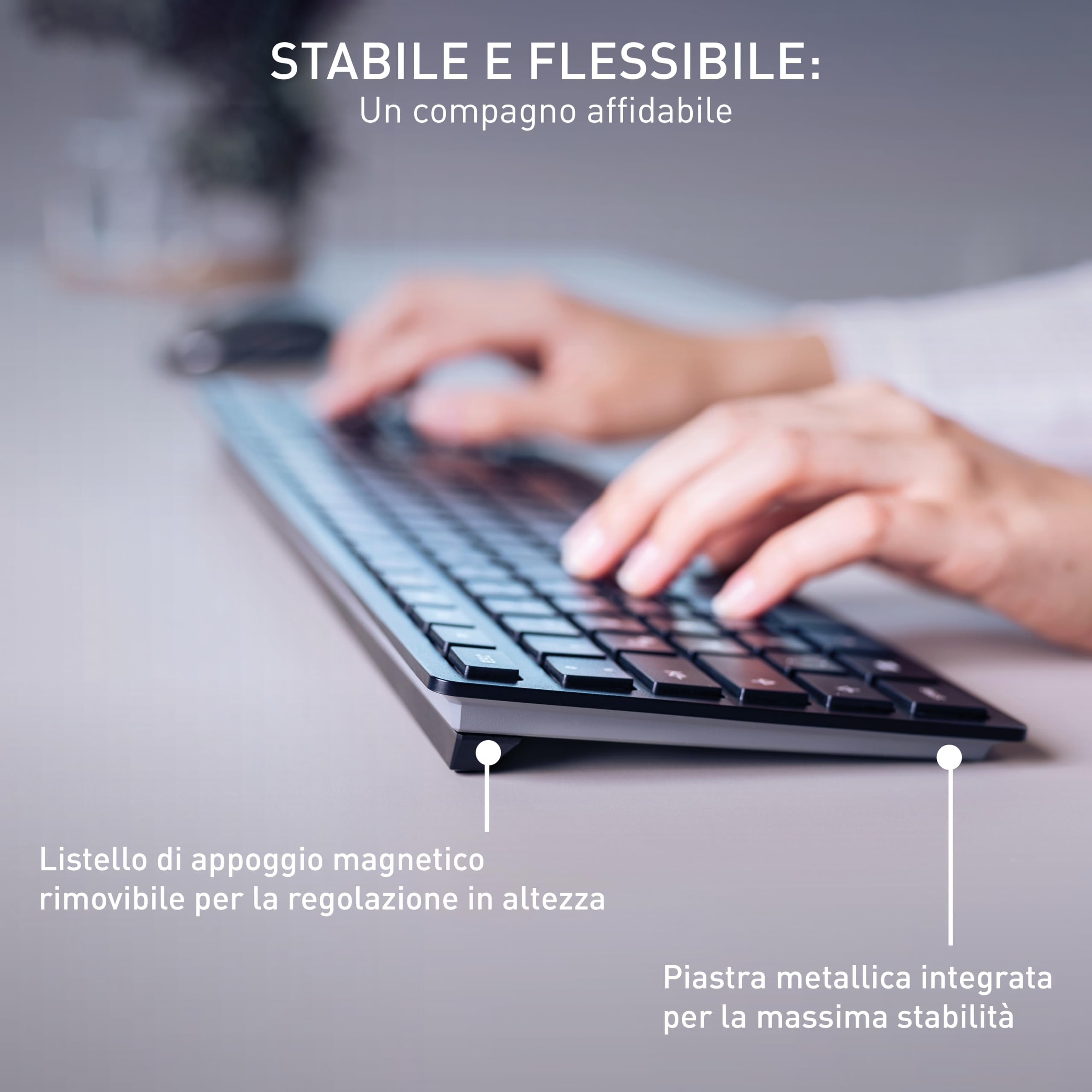CHERRY KW 9100 SLIM, Tastiera di design Senza Fili, per l'Unione Europea QWERTY, A scelta Connessione Bluetooth o Wireless 2,4 GHz, Tasti Piatti, Ricaricabile, Nero-Grigio, Windows
