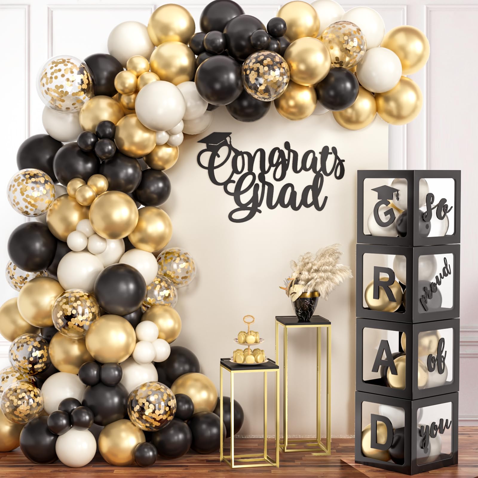 Winrayk 187Pcs 2026 Graduation Decorations Class of 2026 Decor, Grad Boxes with Letters (GRAD & So Proud of You), Black and Gold Balloon Arch,