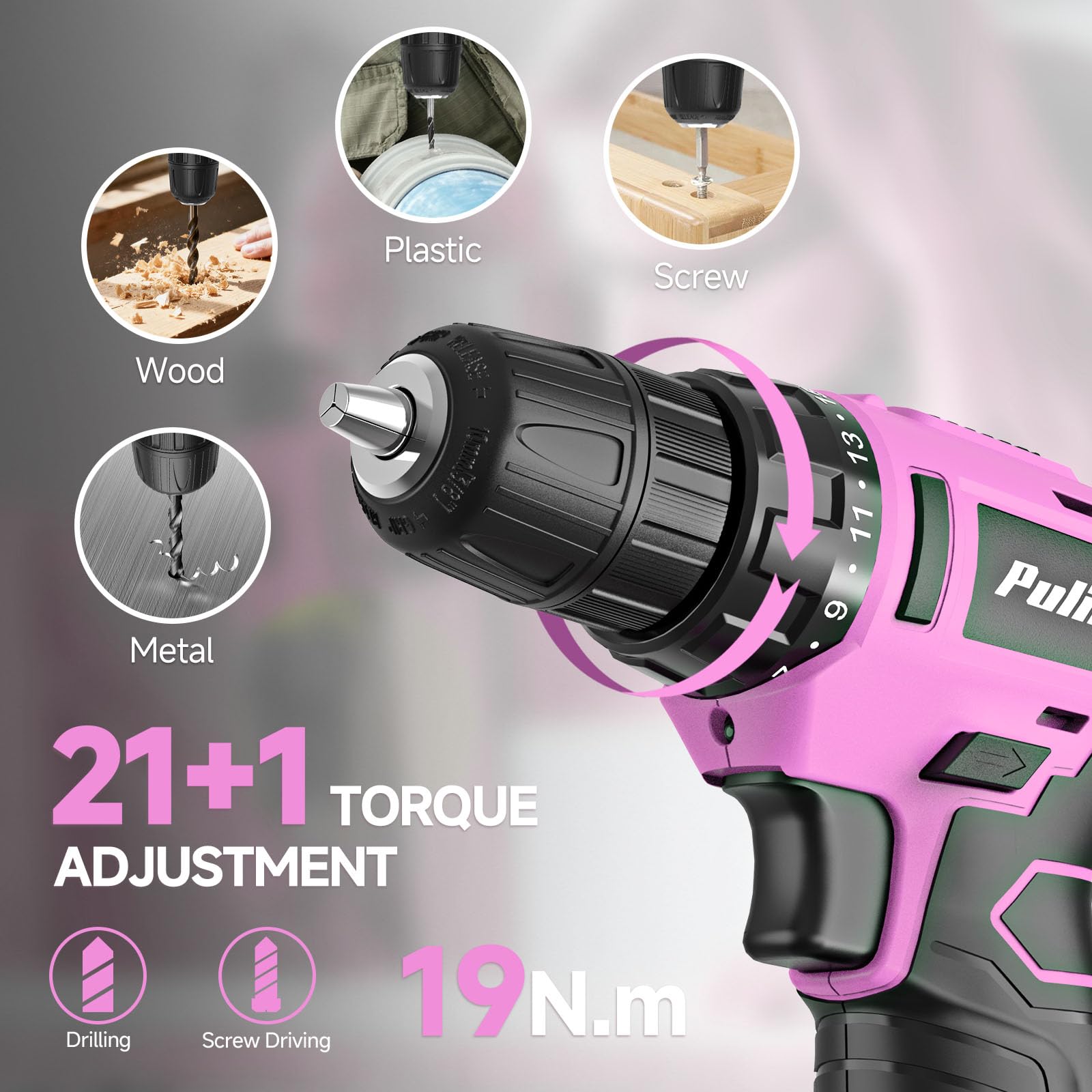 PULITUO Set di trapani, 149 pezzi, set di utensili per la casa con trapano a batteria rosa da 12 V, cassetta degli attrezzi, kit di utensili manuali per donne e uomini e appassionati di fai da te, per