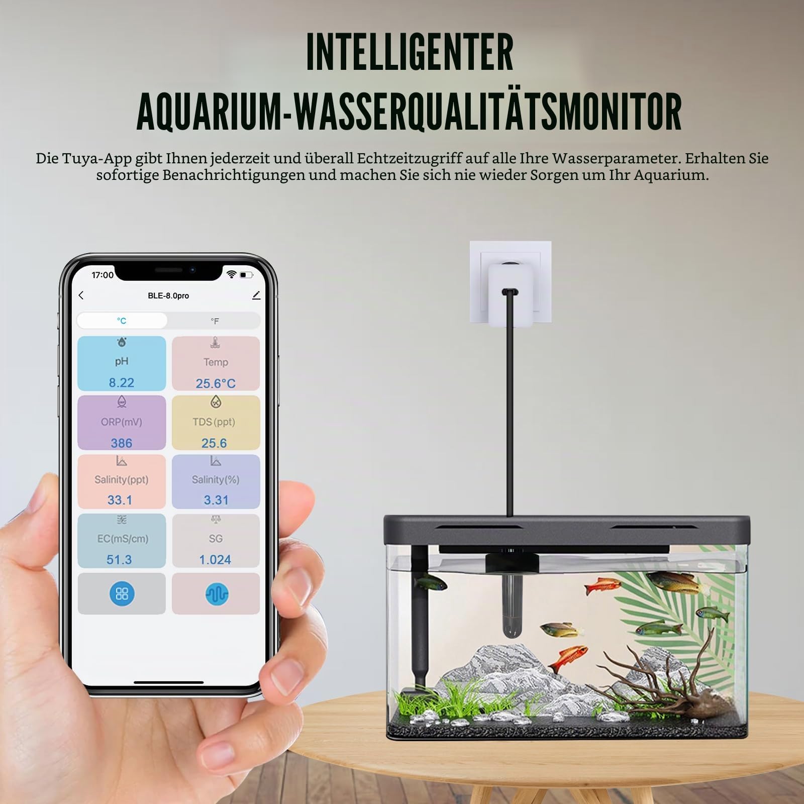 TEKCOPLUS Smart WiFi Wasserqualitätsmonitor 7-in-1 Digitaler Aquarium & Hydrokultur Tester für pH-, Temperatur-, TDS-, EC-Salinität, spezifisches Gewicht & ORP Echtzeit-Multi-Parameter-Sonde mit