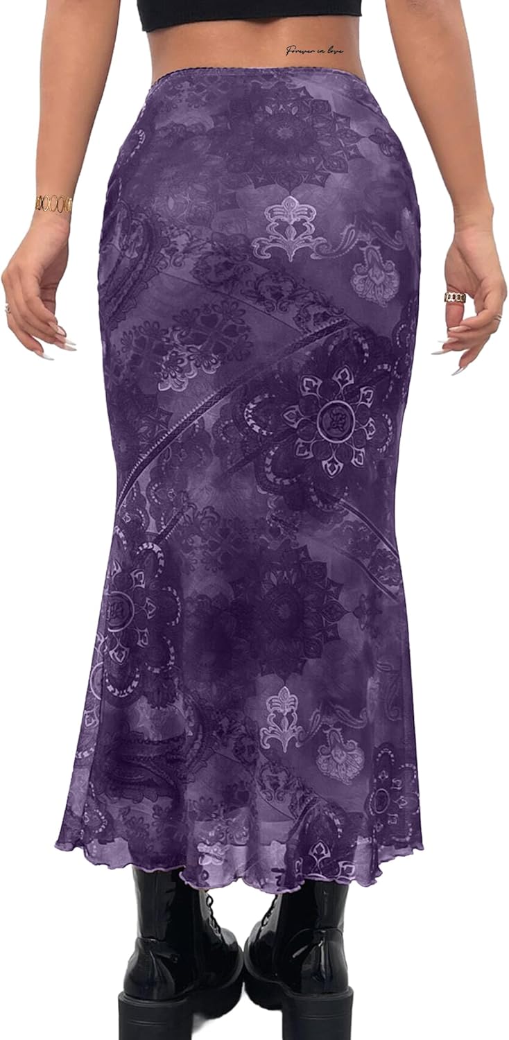 Avanova Women Boho Floral Mesh Long Skirts Elastic High Waisted Mermaid Hem 90s Grunge Maxi Skirt Purple X-Large - Image 2