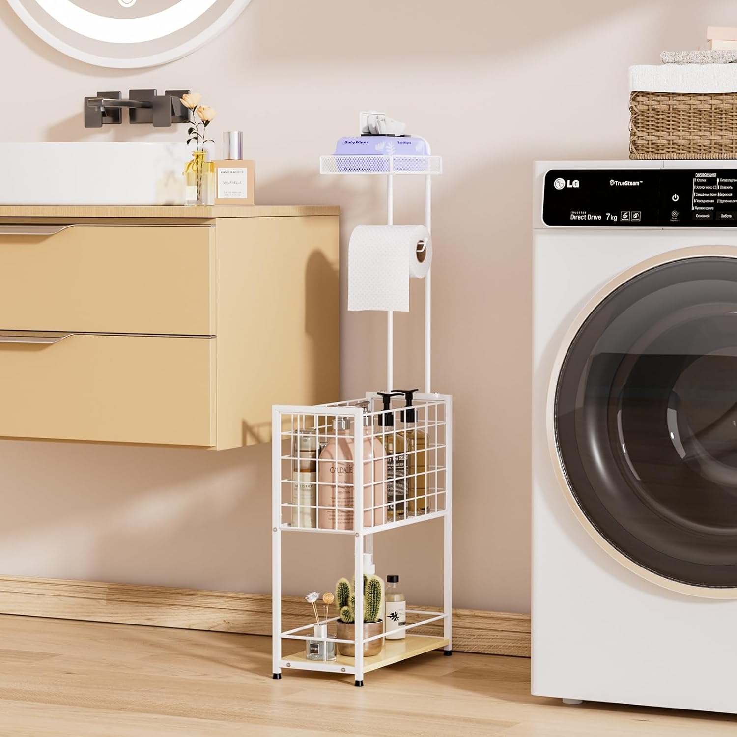 SWTYMIKI Freestanding Toilet Paper Holder - 4-Tier Free Standing Toilet Paper Holder Stand with Shelf, Bathroom Storage Rack for Extra Rolls, Magazines, Wet Wipes, Bathroom Essentials, White