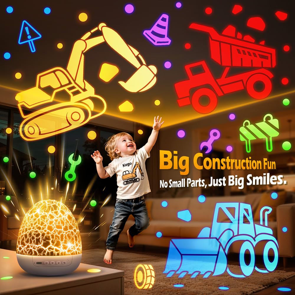Staryou Kinder Projektor Bagger Spielzeug Mit 3 LKW-Filmen & 186 Lichteffekten, Top Auto Spielzeug für junge LKW-Fans, Geschenke für 4 jährige jungen, Nachtlicht Kinder