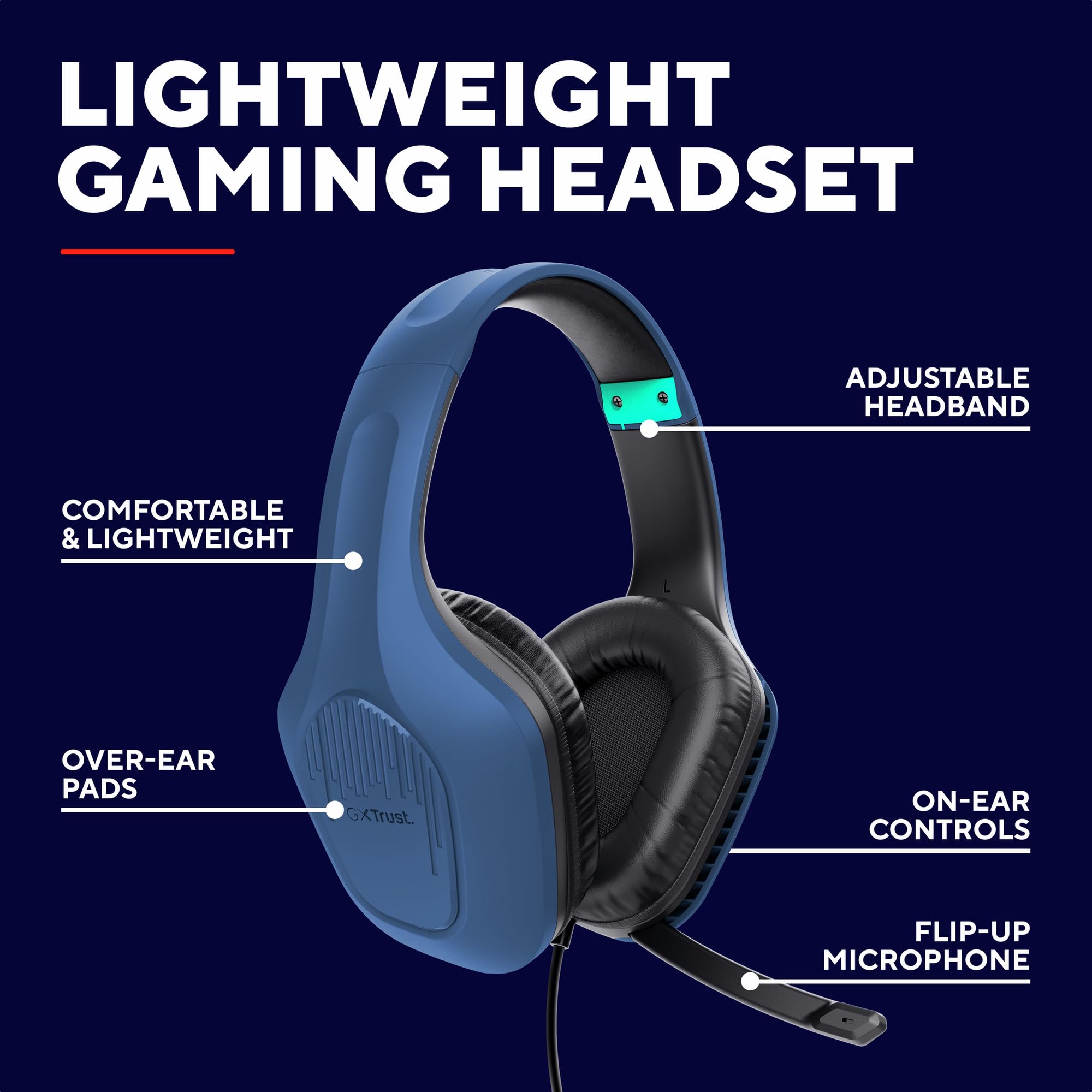 GXTrust Rayne lekkie słuchawki gamingowe PC Xbox PS5 Switch, niebieskie | 3.5 mm, kabel 200 cm, przetworniki 50 mm, odchylany mikrofon, przewodowy zestaw słuchawkowy wokółuszny