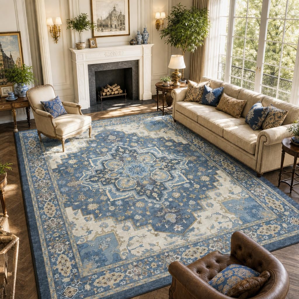 Amada Vintage Washable Area Rug,8'x10',Navy Blue/Beige | For Living Room,Bedroom,Dining Room,Machine Washable,Non-Slip Backing,Low-Profile Pile,Durable Edge Binding,Soft Texture