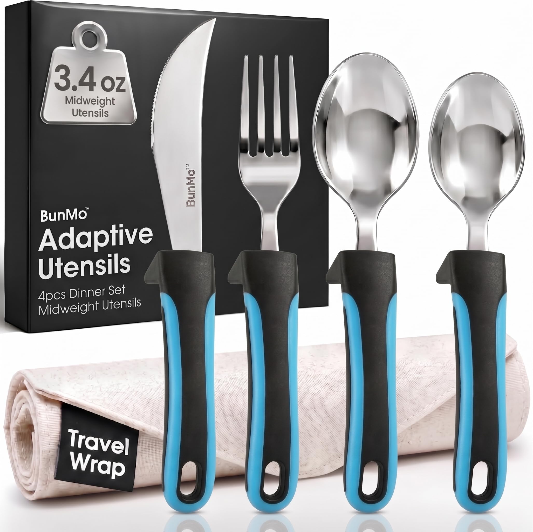 BUNMO Adaptive Utensils for Elderly | Blue Adaptive Weighted Utensils for Hand Tremors, Parkinsons, Arthritis | Handicap Silverware Built Up Flatware for Adults | Assistive Eating Cutlery