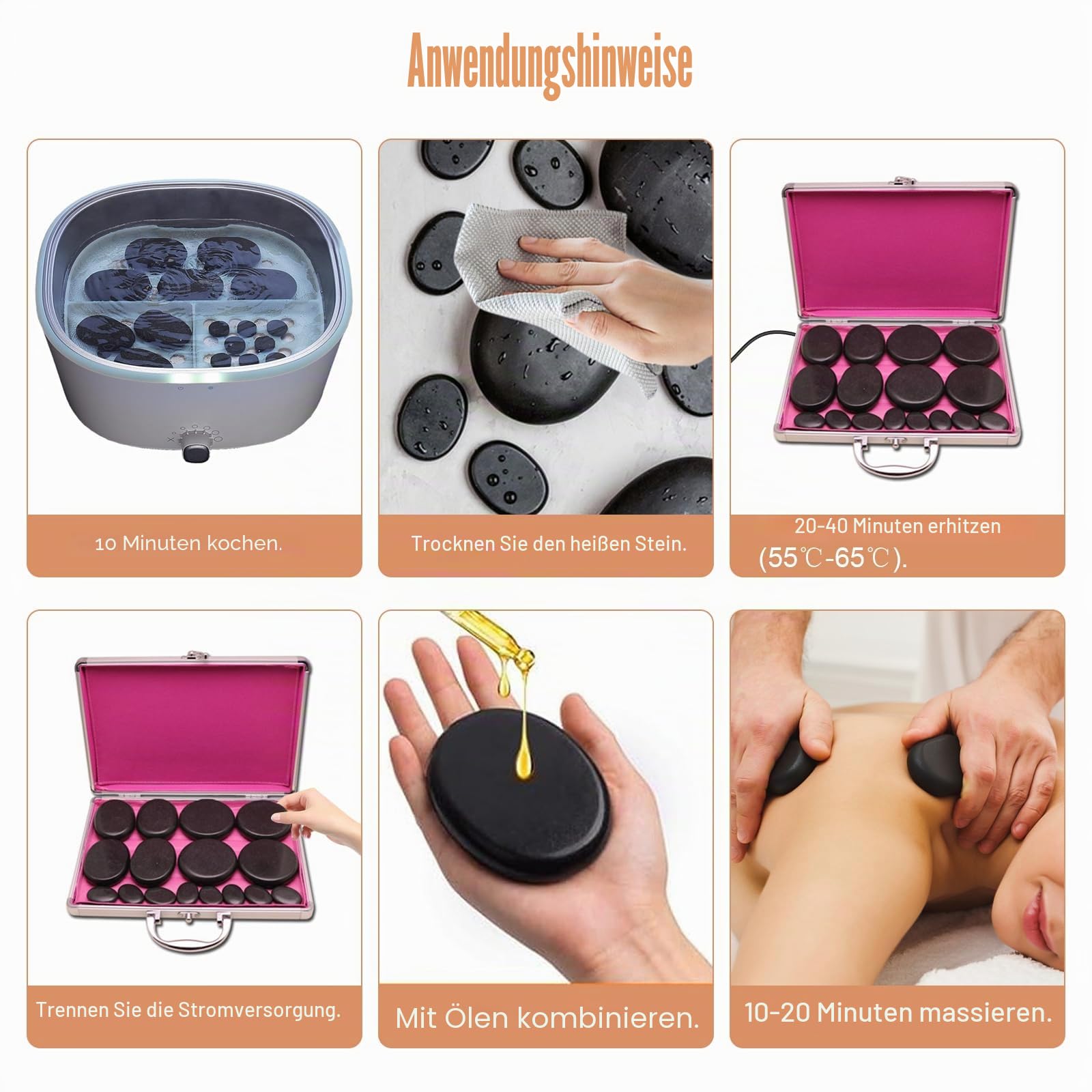 16 Steine Hot Stone Massage Set, Hot Stone Wärmegerät | Mit Heizkasten aus Aluminiumlegierung, Heiße Massagesteine aus Basalt, Hot-Stone-Massageset, Für ntspannung, Spa