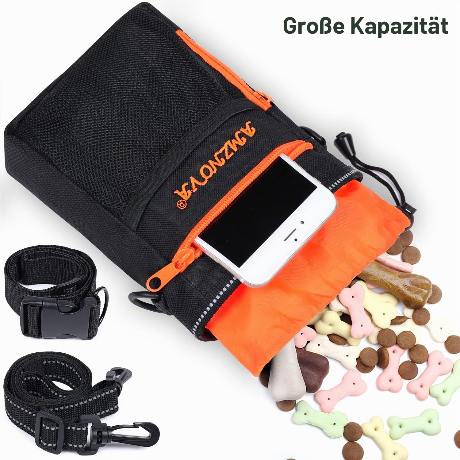 AMZNOVA Futterbeutel Hund Treatkit Leckerlitasche für Hunde, Leckerli Tasche für Hundetraining, Gassitasche Leckerlibeutel Leckerli Beutel Snackbeutel Zum Umhängen, 6 Tassen, Schwarz