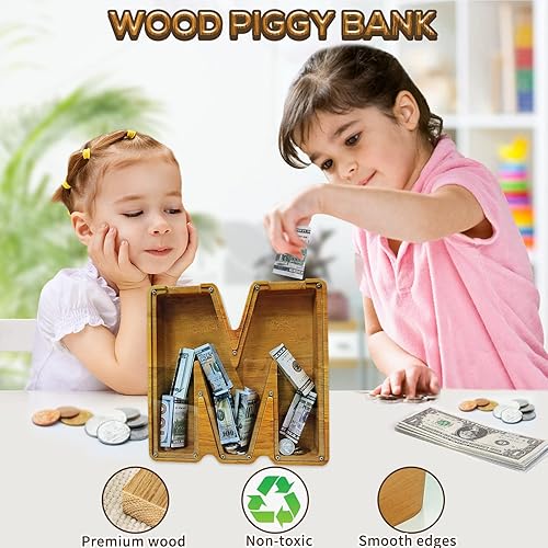 Miniatura 308 de Alcancía para niños y niñas, alcancía grande de madera personalizada con diseño recortado, bancos de monedas con letras del alfabeto, caja de ahorro