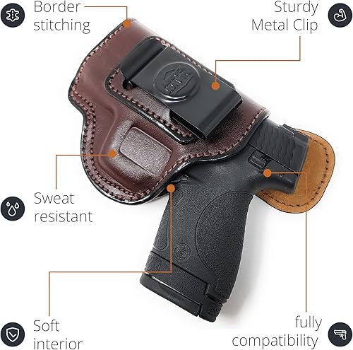 Miniatura 6 de PH - Funda de cuero genuino para pistola S&W Shield, funda táctica de cuero Iwb, funda de piel oculta de cuero, cómoda apéndice de transporte