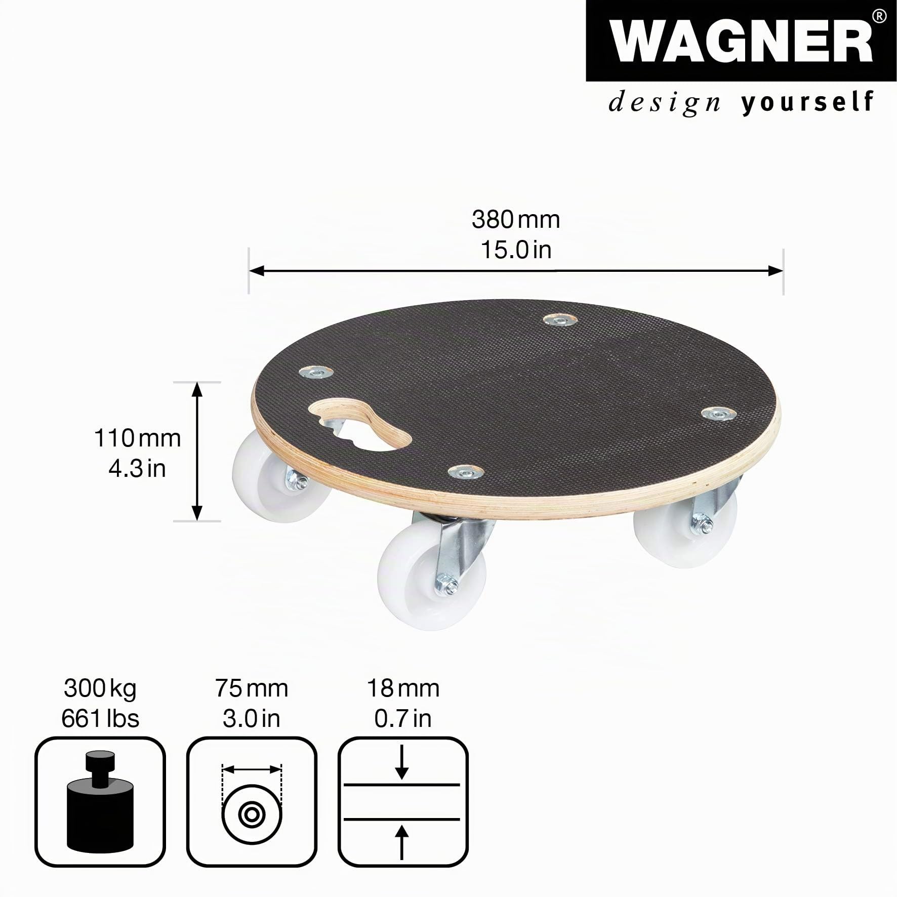 WAGNER Chariot à roulettes MM 1108 I Ø 38 x 11 cm - Charge 250 kg - pour cartons Lourds, appareils et Meubles I poignée Ergo I Surface antidérapante I certifié FSC - 20110801