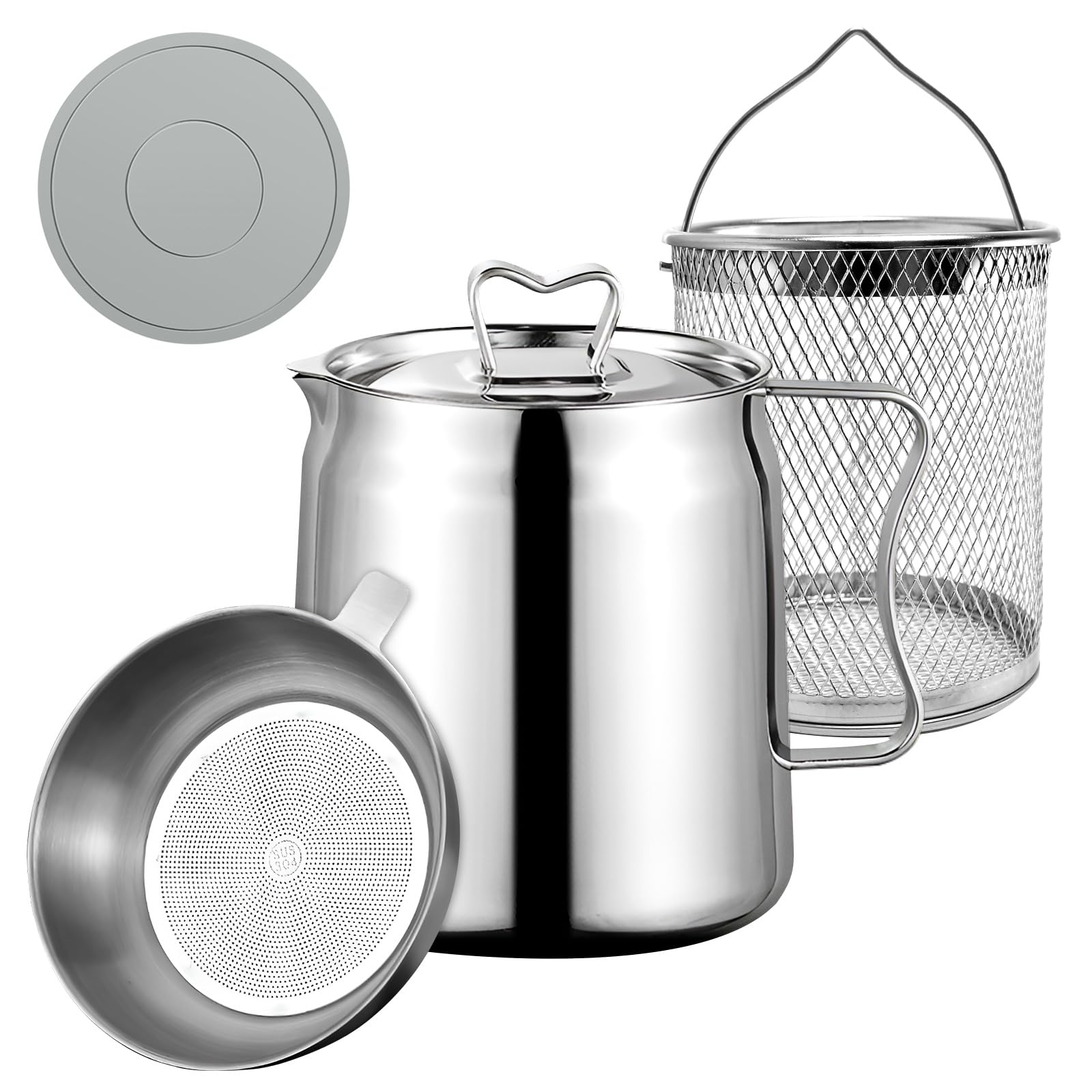 ANRUI Barattolo Contenitore Colino Olio da 2L, Contenitore per Grasso in Acciaio Inox con Colino a Maglia Fine e Cestino per Friggere, Adatto per Conservare Olio da Frittura e Grasso da Cucina
