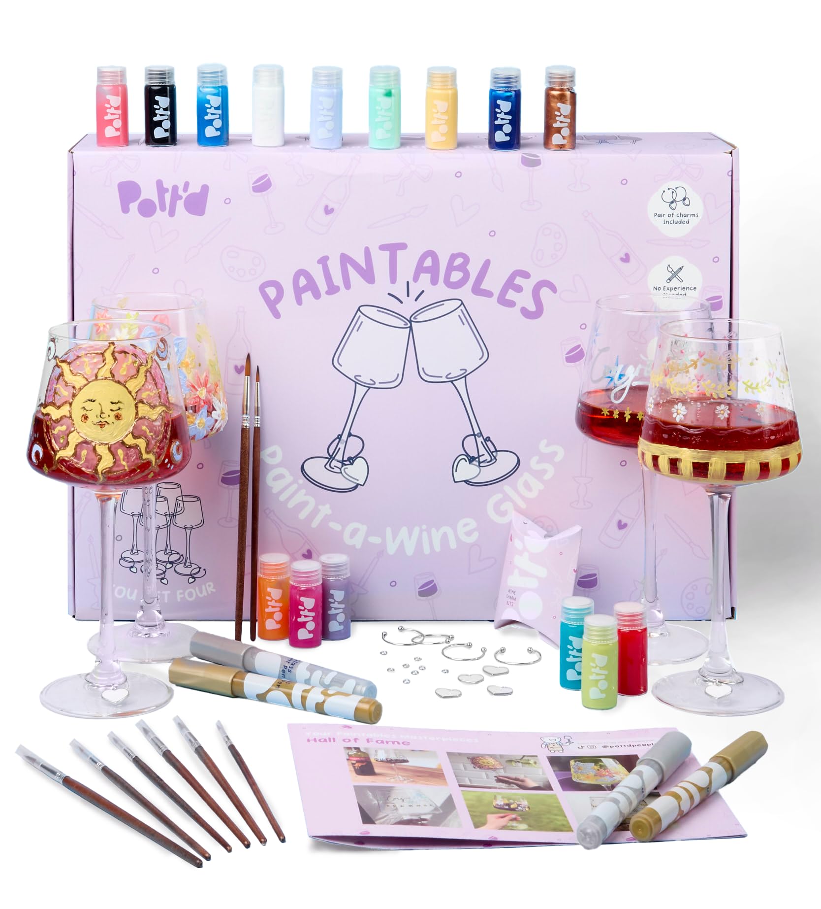 Pott’d Paintables Weingläser zum Bemalen - DIY Gläser-Bemalen-Set für Erwachsene mit Weingläsern, Emaillefarben, Pinseln, Stiften und Anhängern - Bastelset für Anfänger