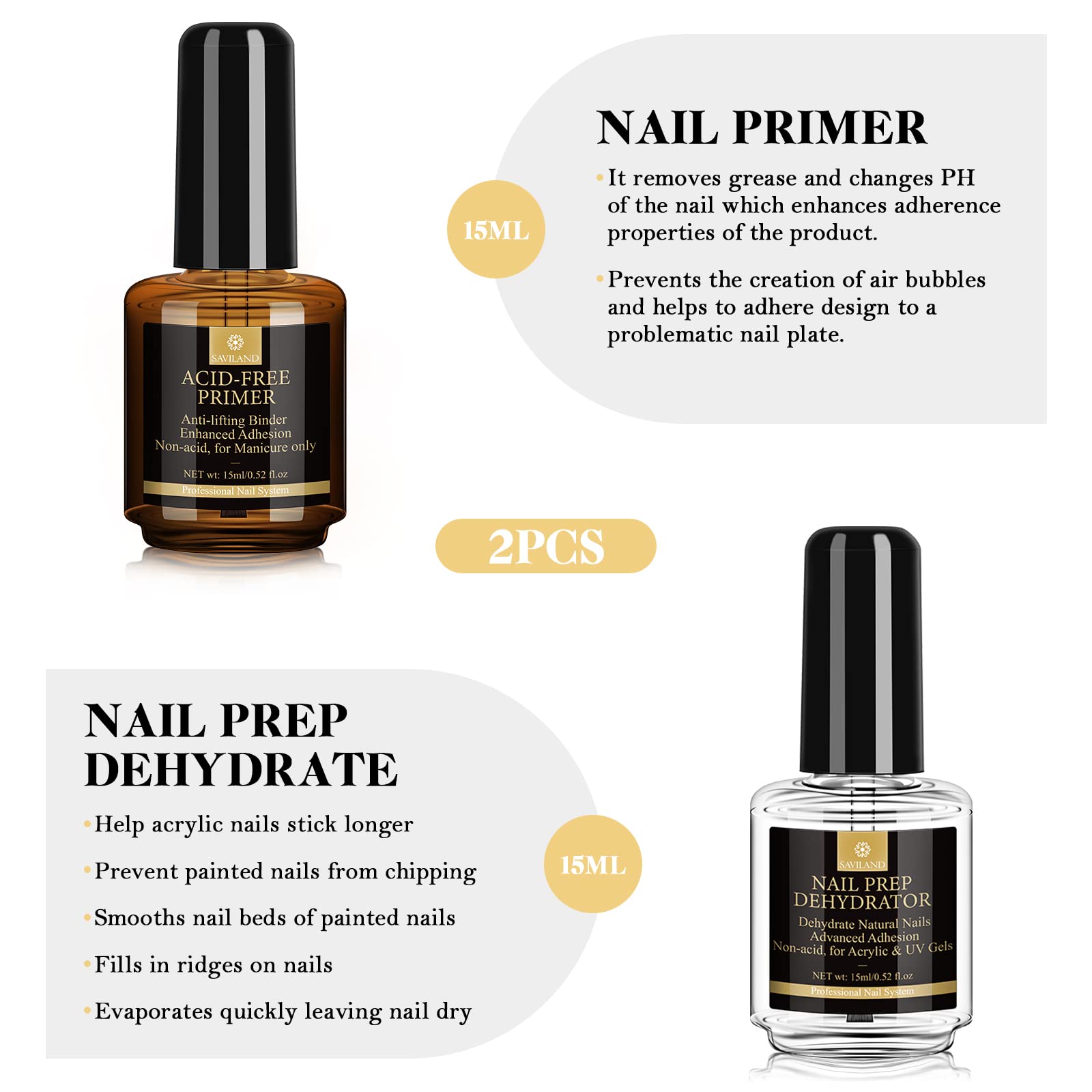 SAVILAND Primer Ongle Gel UV et Déshydrateur Kit: Nail Prep et Primer Kit Sans Acide Séchage Rapide Vernis Semi Permanent pour Acrylique Polygel Vernis à Ongles Manucure Naturels Air Dry