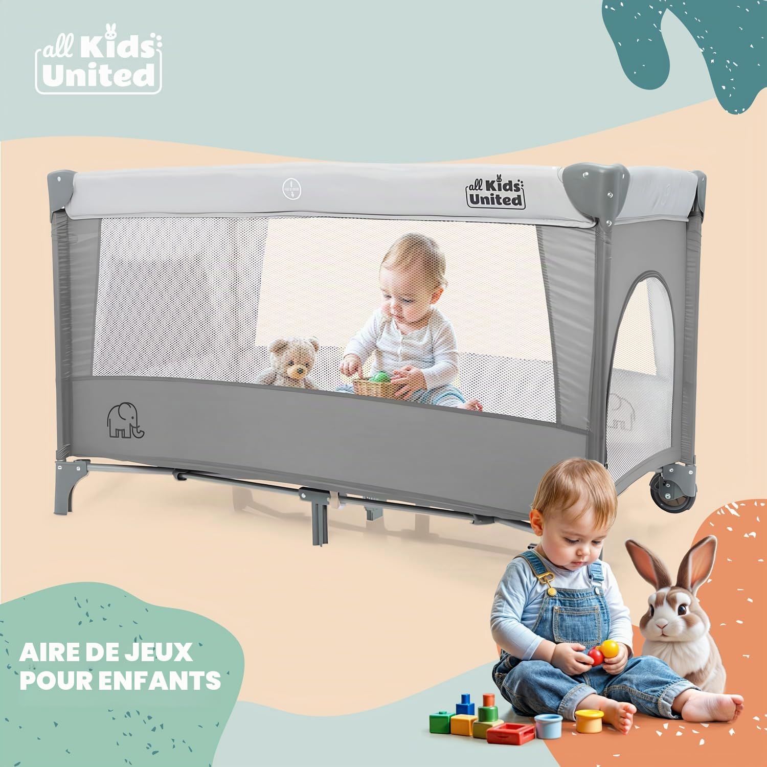 Lit de Voyage pour Bébé Deluxe all Kids United avec Matelas à Langer et Mobile Gris
