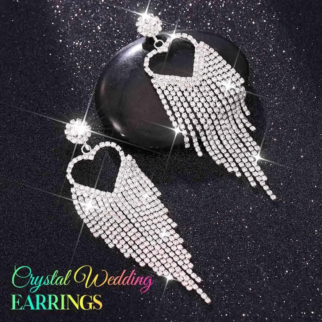 Catery Rhinestone Wedding Earrings Silver Tassel Bridal Earrings Dangling Prom Jewelry for Women - Image 2