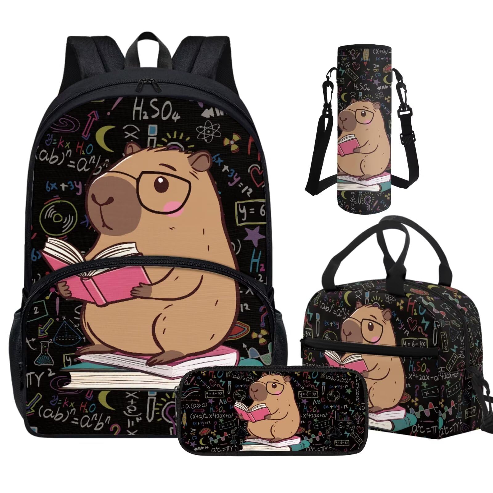 Tuoxiukan Capybara Backpack for School Boys 8-12 Black Bookbag with Lunchbox and Pencil Case Water Bottle Sleeve Kids Backpack Set for Kindergarten
