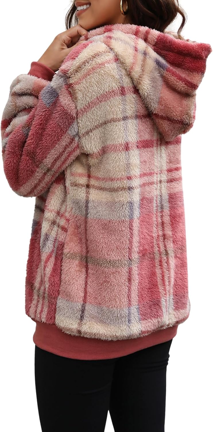 Nirovien Womens Sherpa Pullover Oversized Fuzzy Hoodie Double Fleece Sweatshirts Fluffy Plaid Outerwear Warm Coats - Image 5
