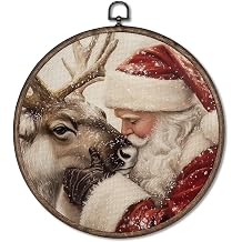 Giosve Winter Christmas Santa Reindeer Round Wall Art Canvas Framed Poster, Vintage Rustic Christmas Santa Reindeer Hanging Wall Sculptures for Home Bedroom Living Room Decor, 10x10 Inch