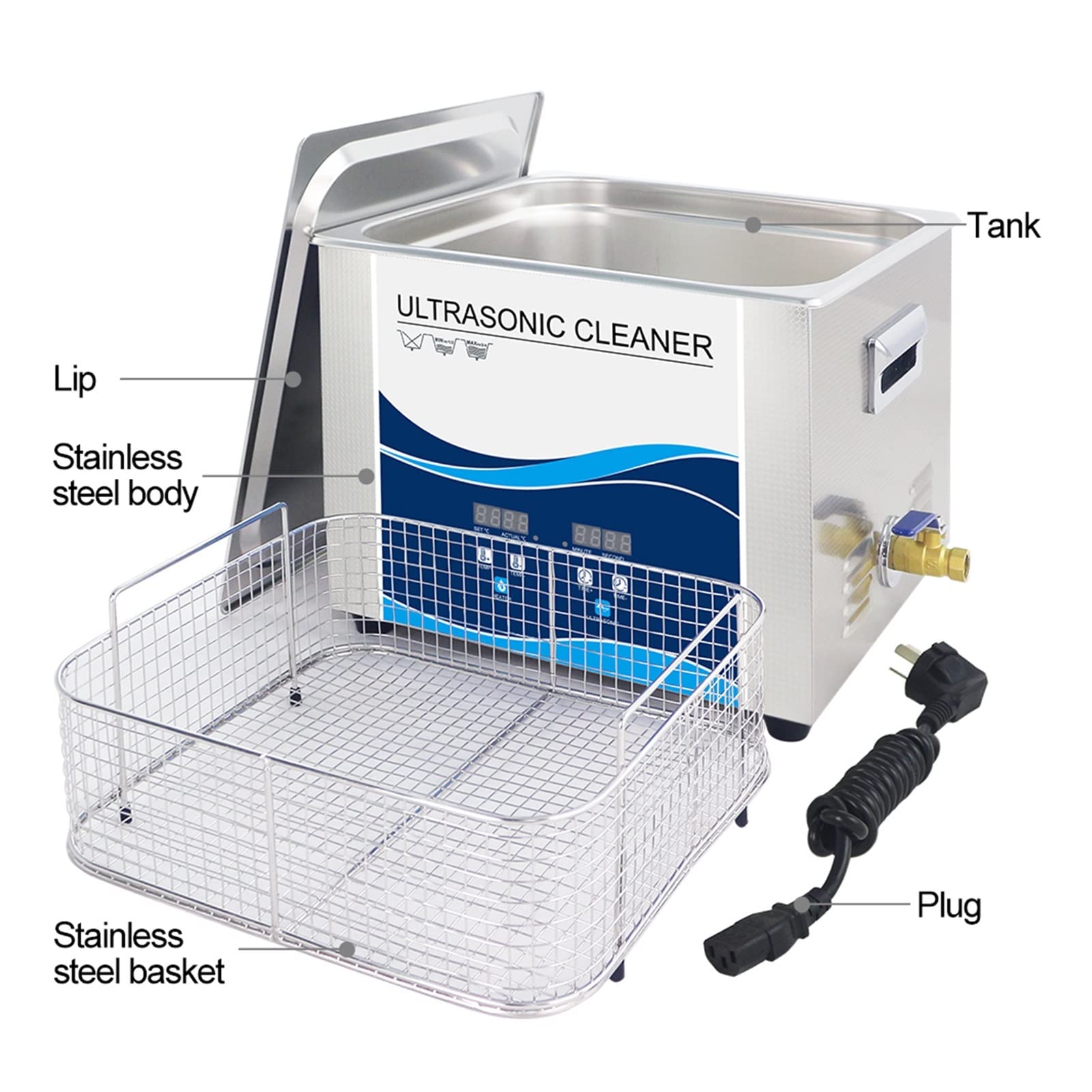 Limpiador ultrasónico Limpiador ultrasónico digital 1 5L 540W Temporizador de calentamiento Transductor piezoeléctrico Solución de laboratorio de inyector de boquilla de 40 kHz para uso diario(360W)