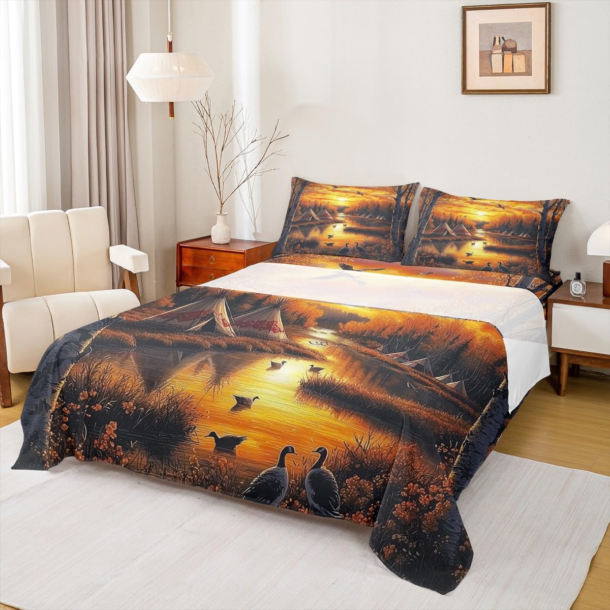 Homewish Mallard Duck - Juego de sábanas para cama de matrimonio para niños y hombres, juego de ropa de cama de pato salvaje, sábanas bajeras planas rústicas rústicas, 4 piezas