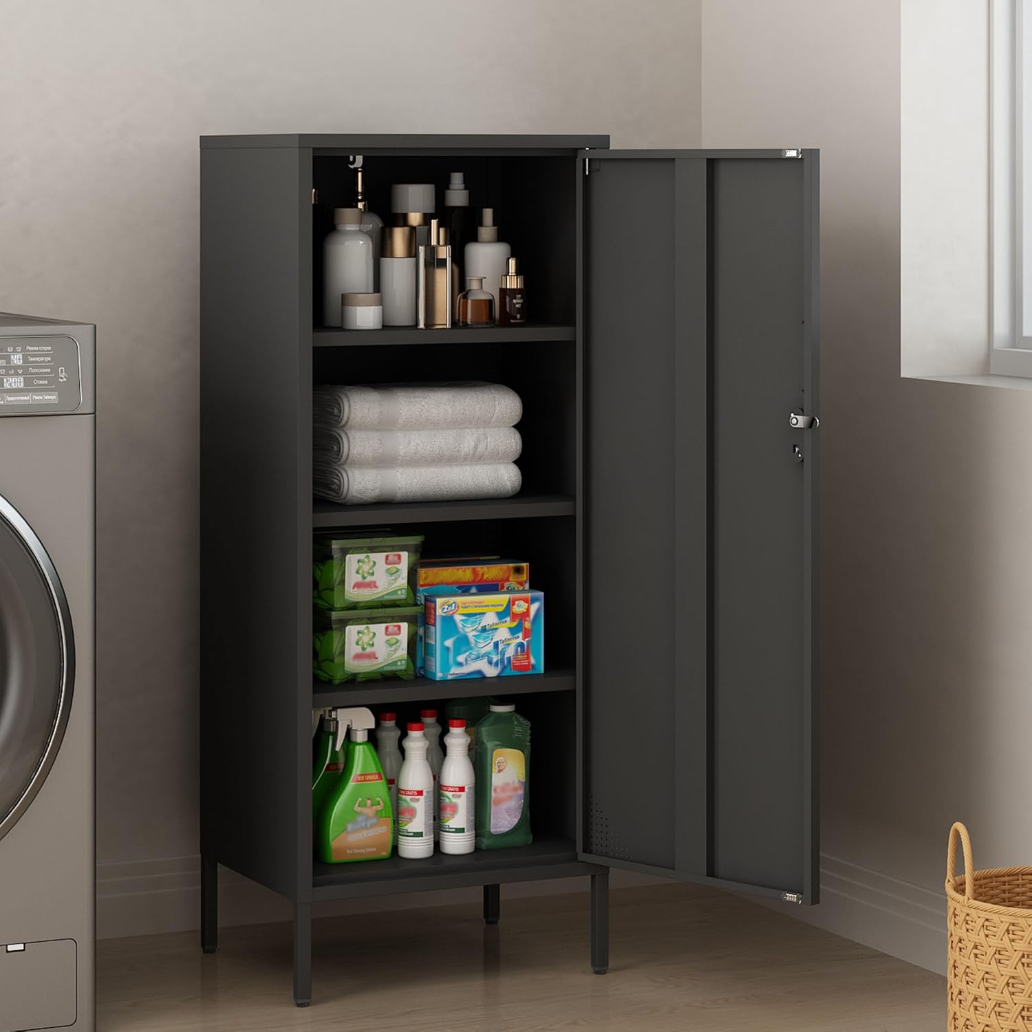Metal Locker Cabinet Lockable Bathroom Storage Cabinet Black 4 Tier Employee Lockers for Home, School, Office, Garage H49.21'' (Black)