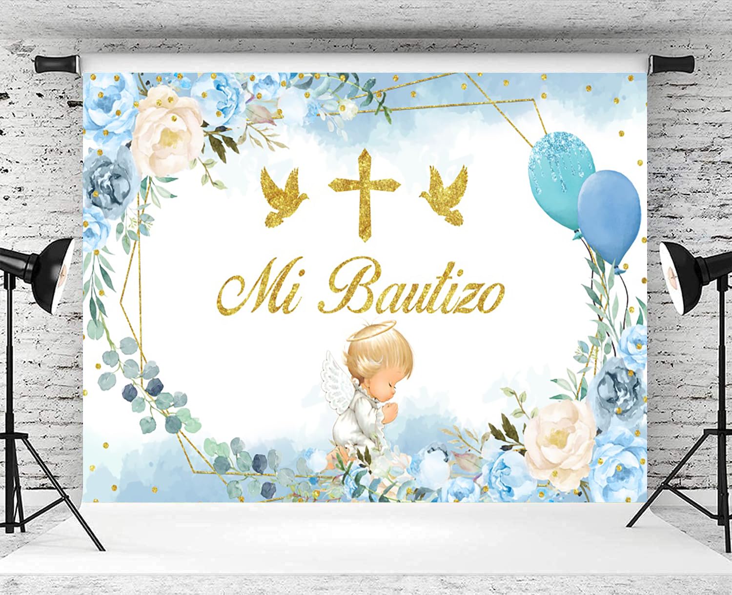 Mi Bautizo Telón de Fondo 2,2x1,5m, Globo de Flores Azules Dorado Primera Comunión Vinilo Fondo de Fotografía para Niño Comunión Bautismo Baby Shower Fiesta Fotomatón Accesorios