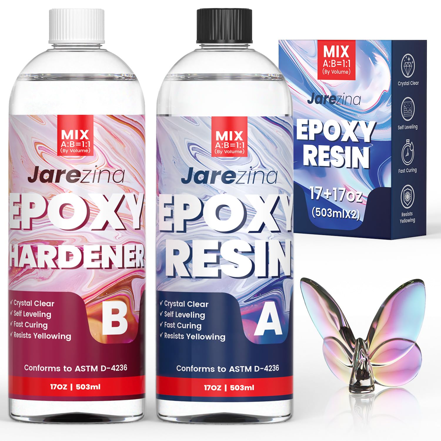 Jarezina 34OZ Epoxy Resin Kit,Crystal Clear Epoxy Resin -Strong and No Bubble，Not Yellowing Art Resin，Self Leveling Easy Mix 1:1,Suitable for Art Casting,DIY,Jewelry Projects, Wood & Resin Molds