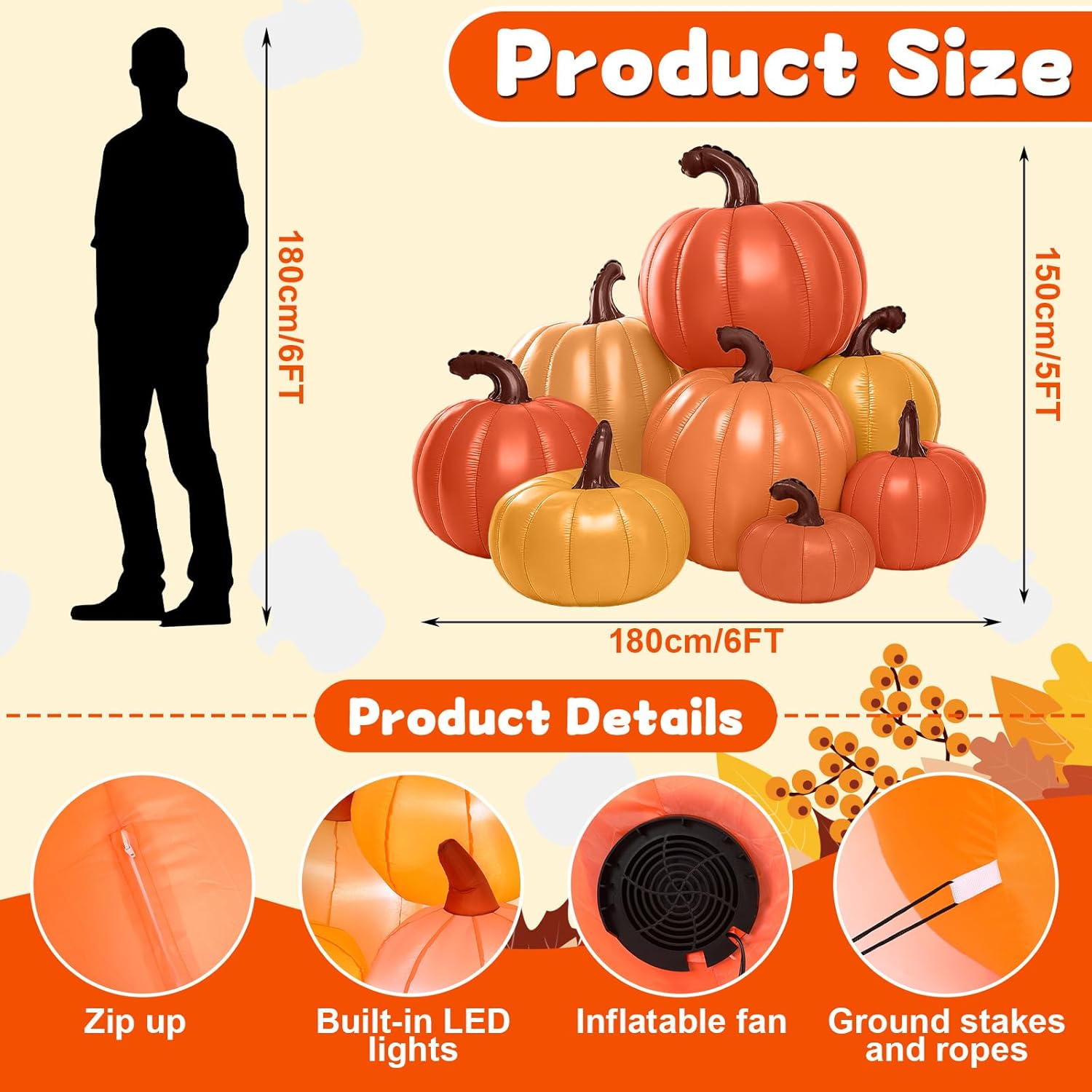 Leyndo 6 ft Tall Thanksgiving Pumpkin Inflatable Decorations with Build-in LEDs Fall Harvest Stacked Pumpkin Blow up Outdoor Inflatable for Autumn Thanksgiving Party Yard Garden Lawn