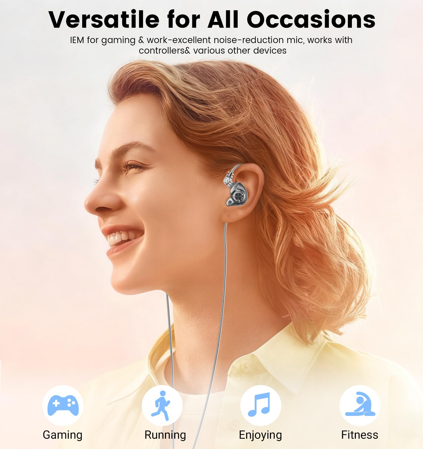 Auricolari IEM cablati, cuffie da gioco S28 con driver dinamico da 10 mm per bassi profondi e suono ad alta risoluzione cristallino, monitor in-ear con cavo staccabile per giochi, musicisti