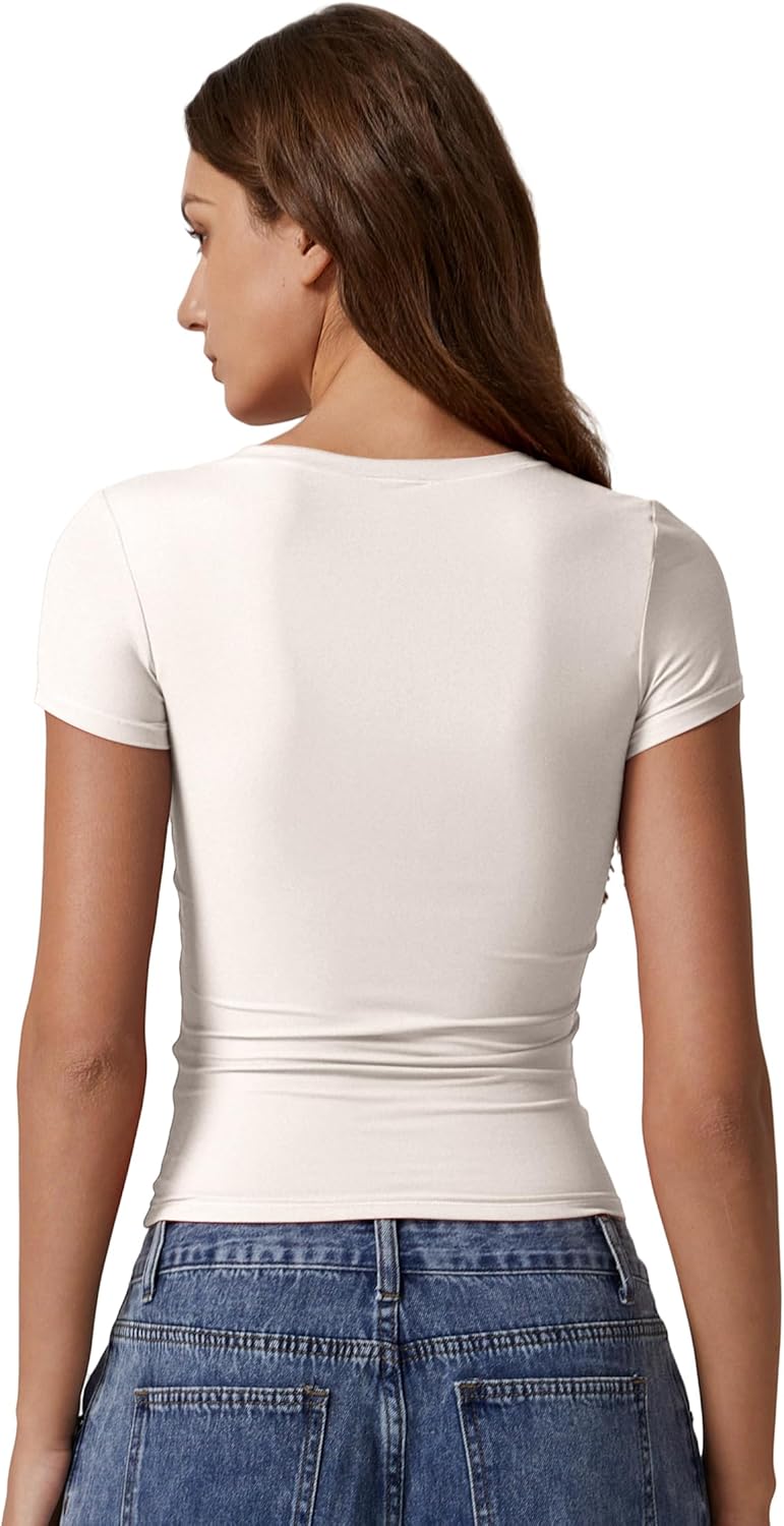 QINSEN Short Sleeve Shirts for Women Round Neck Basic Double Lined Tees Fitted Y2k Crop Tops - Image 2