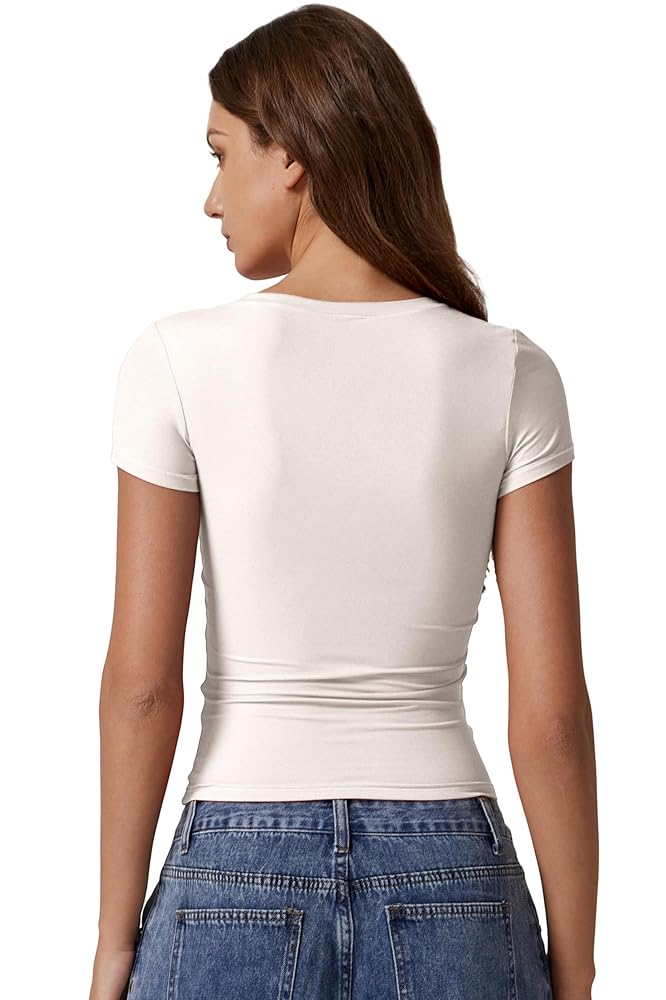 QINSEN Crewneck T Shirts for Women Summer Double Lined Short